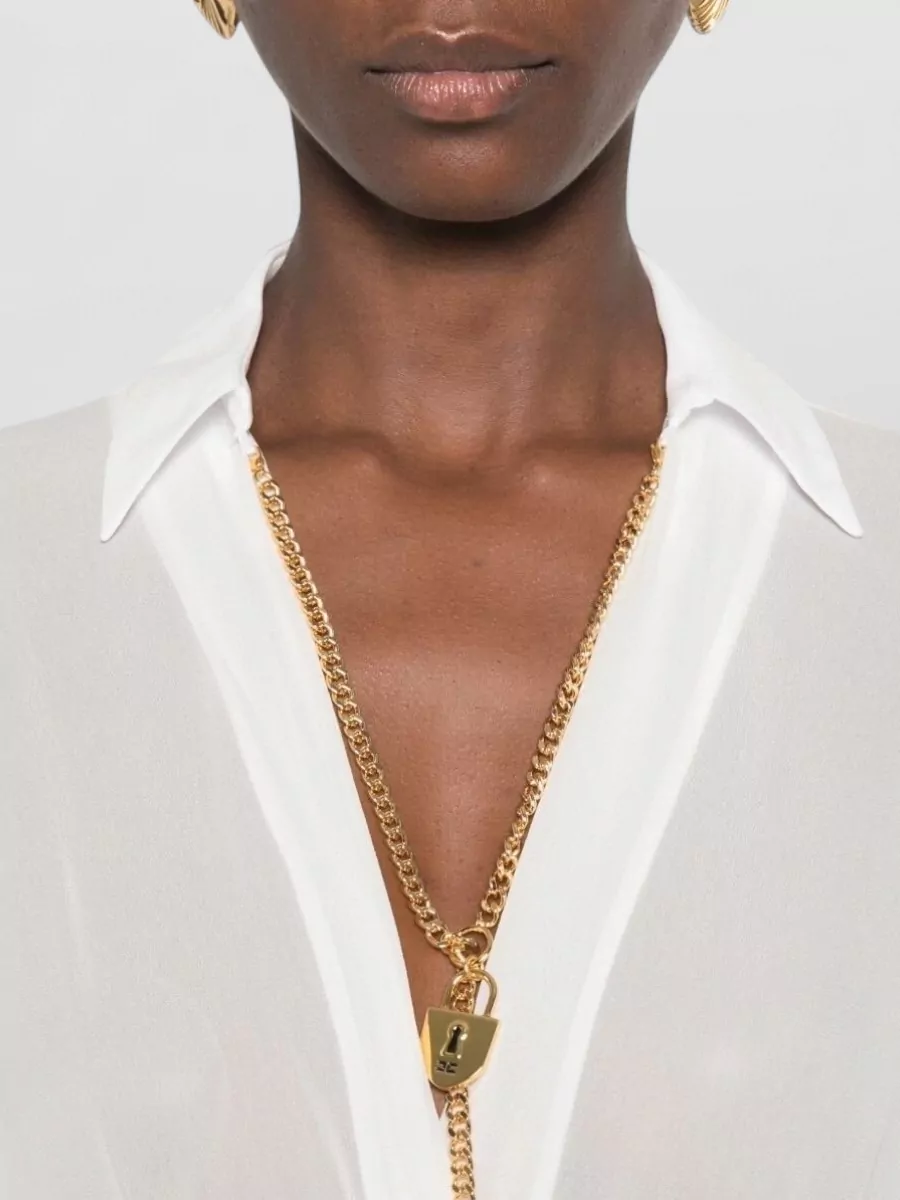 Elisabetta Franchi Sheer Chain-Detail Wrap-Front Long-Sleeve Bodysuit