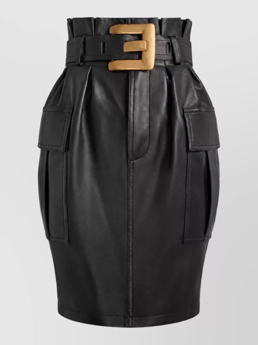 Balmain Leather high-rise belted knee-length fitted skirt