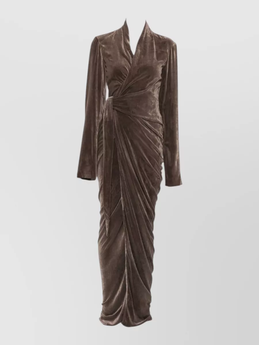 Rick Owens silk velvet draped wrap v-neck maxi dress