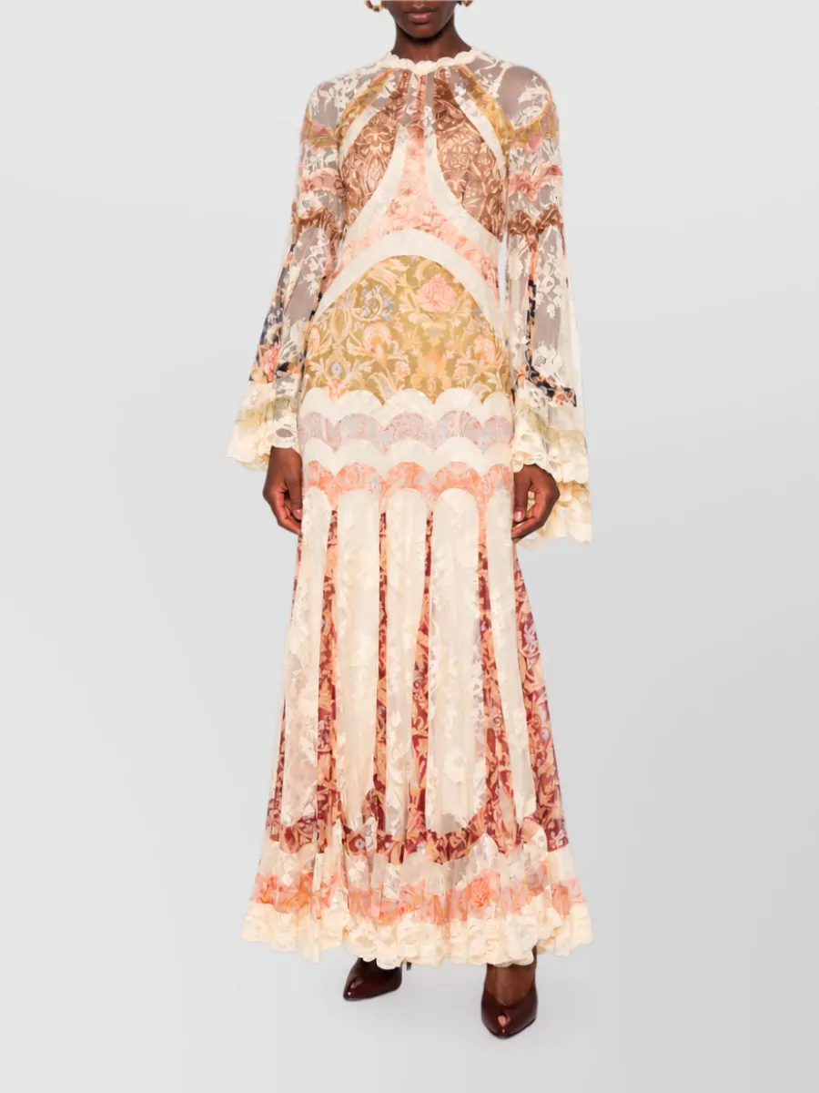 Zimmermann Floral-Print Lace-Paneled High-Neck Long-Sleeve Flared-Hem Maxi Dress