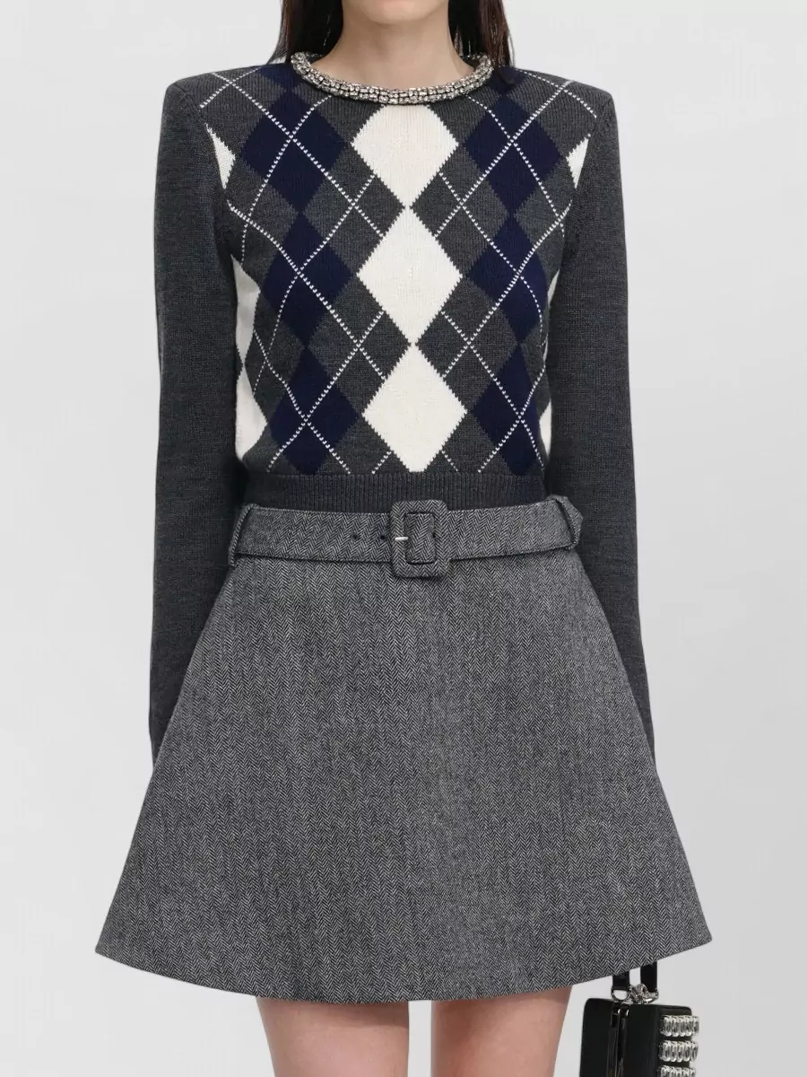 Self-Portrait Wool Argyle Crystal-Trim Knit Jumper