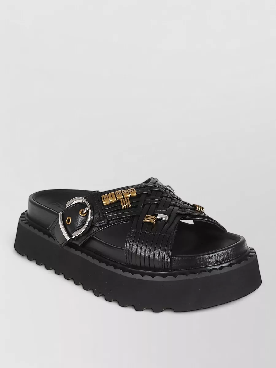 Pinko Leather Woven Slides