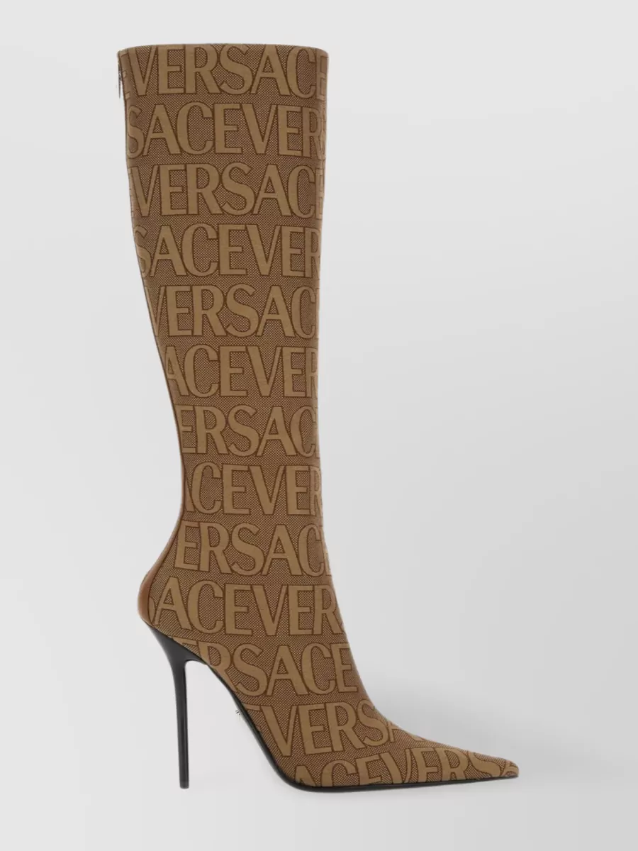Shop Versace Embroidered Jacquard Knee High Boots In Brown