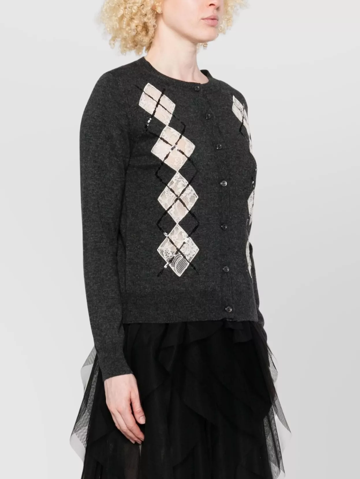 Ermanno Firenze Long Sleeve Argyle Knit Cardigan With Lace