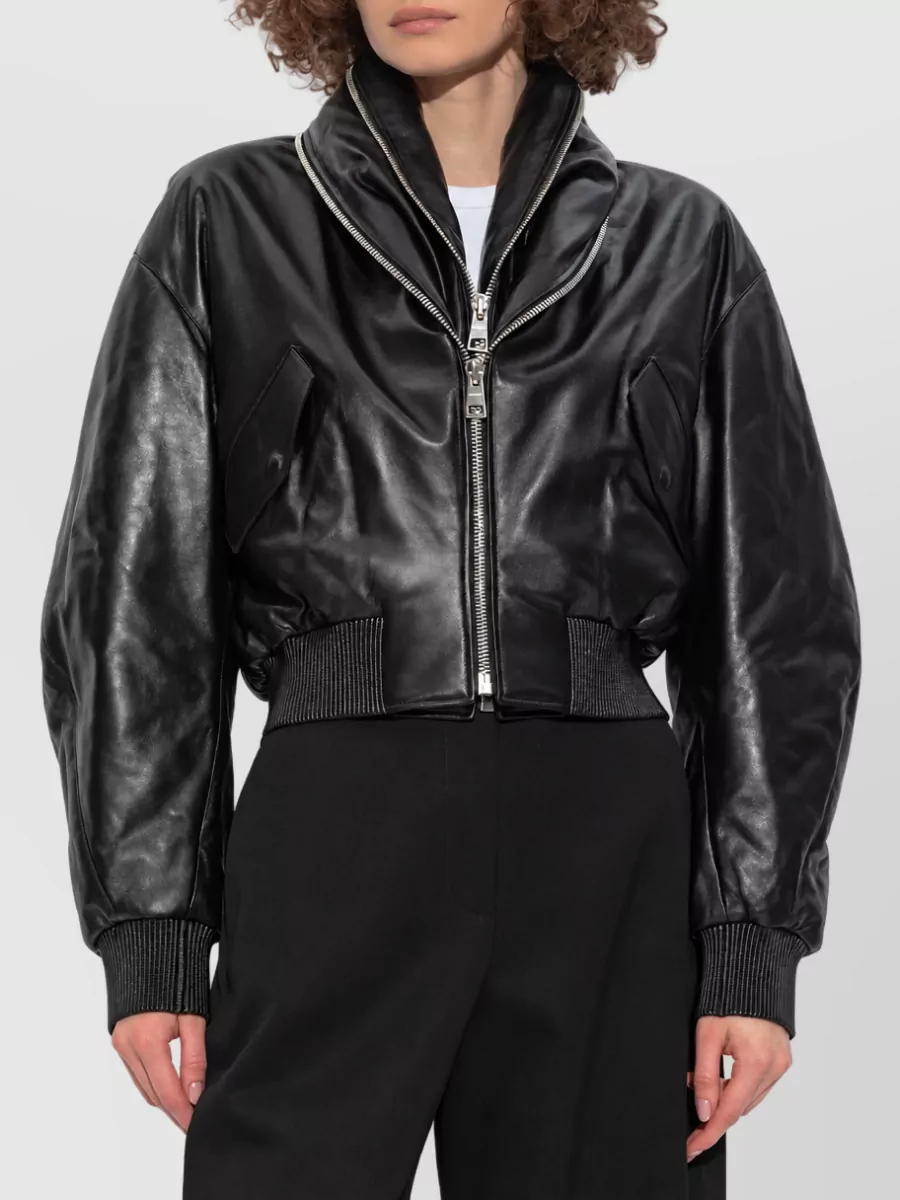 Givenchy Lambskin Leather Shawl Collar Ribbed Bomber Jacket