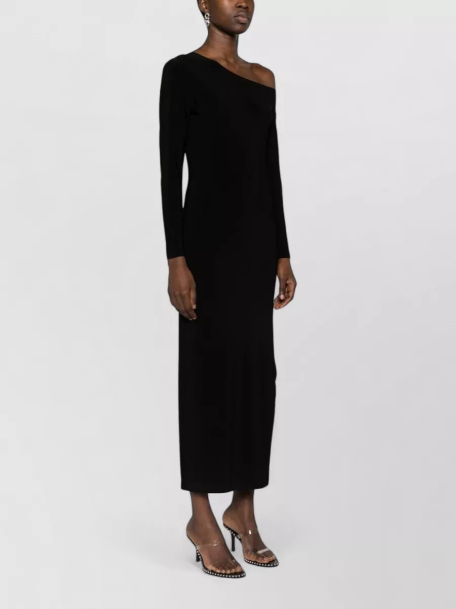 Norma Kamali Boat Neck Drop Shoulder Three Quarter Sleeve Side Slit Column Midi Dress