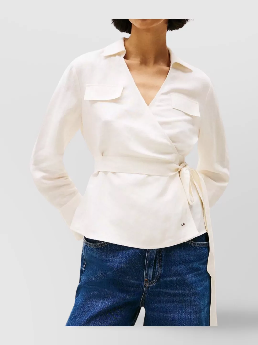 Tommy Hilfiger Textured Linen Wrap Blouse With Belted Waist In Neutral