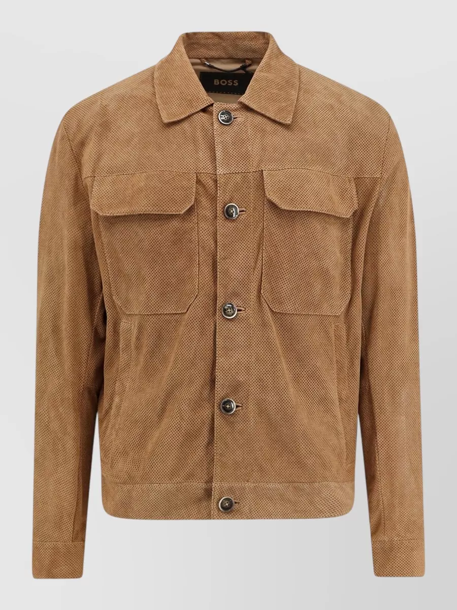 Boss suede leather perforated single-breasted coat