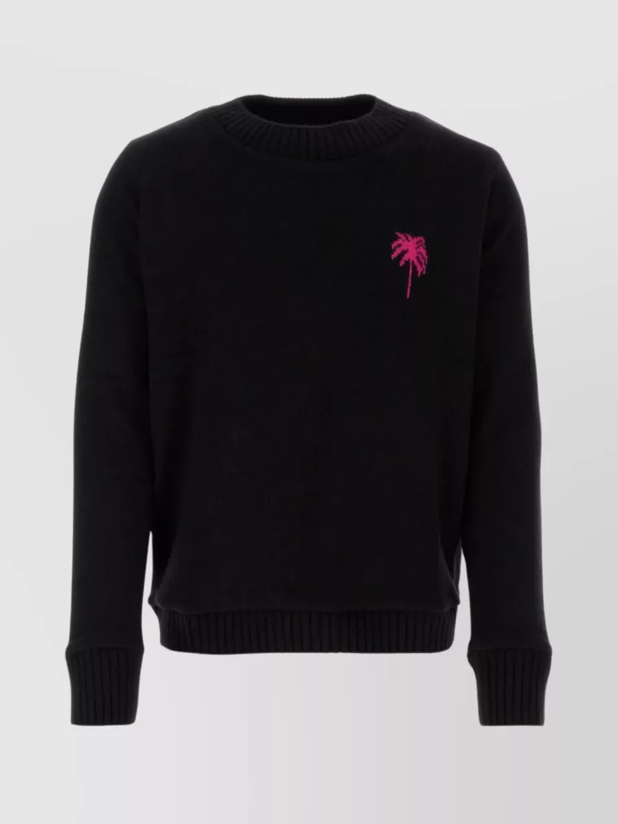 Shop The Elder Statesman Ribbed Crew-neck Sweater With Embroidered Palm Tree Motif In Black