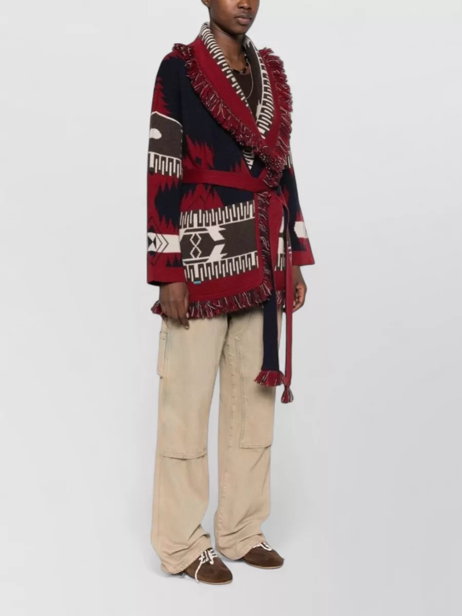 Alanui Cashmere Jacquard Fringe Belted Cardigan