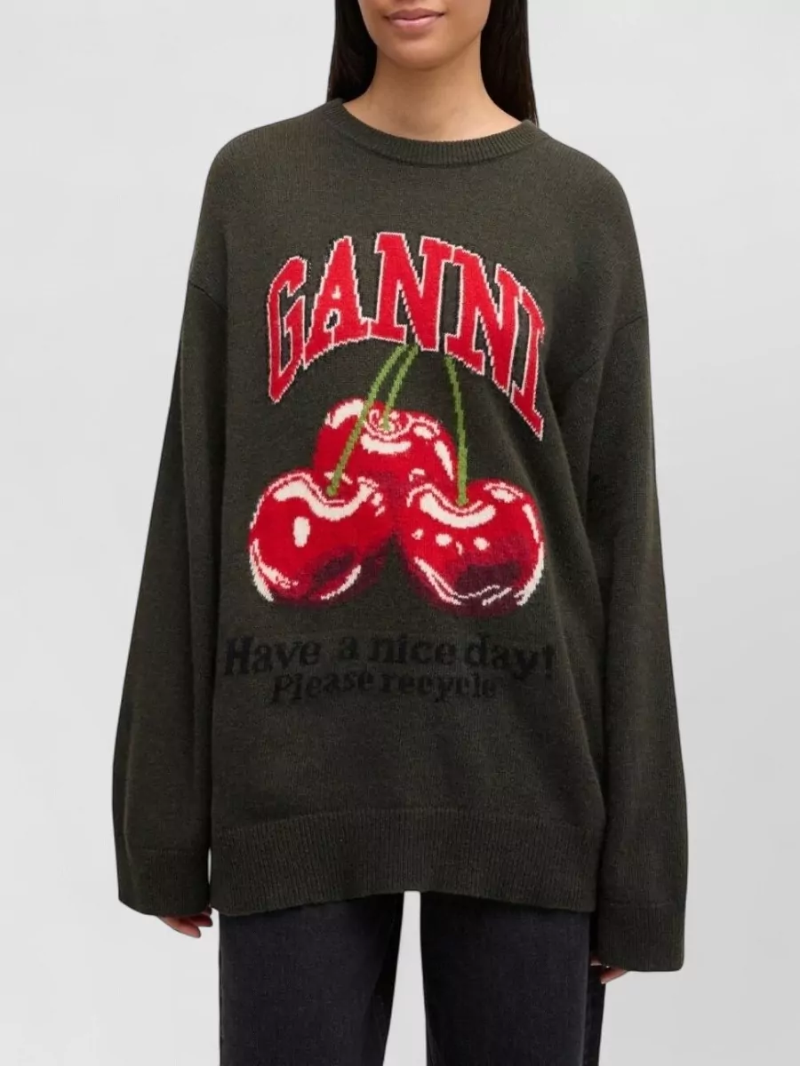Ganni Graphic Print Long Sleeve Crew Neck Knitwear