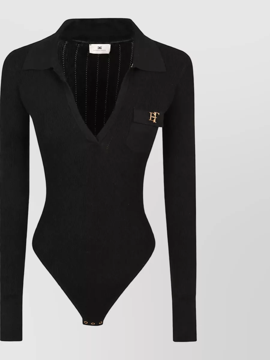 Elisabetta Franchi silk ribbed long sleeve deep v neck bodysuit