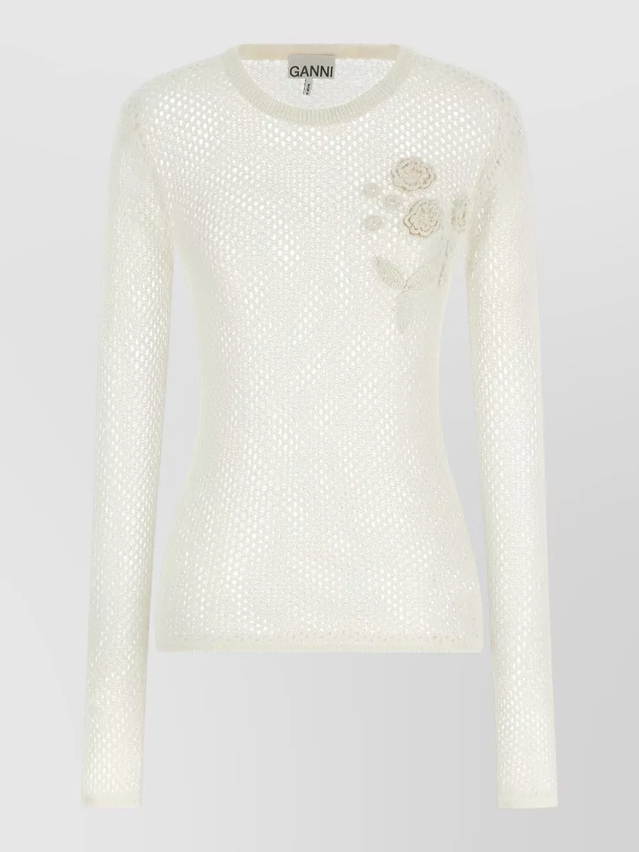 Ganni Pointelle Knit Sweater Floral Embroidery Sheer In Neutral
