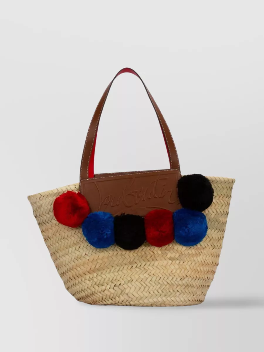 Shop Christian Louboutin Woven Texture Tote Featuring Pom-pom Detail In Beige
