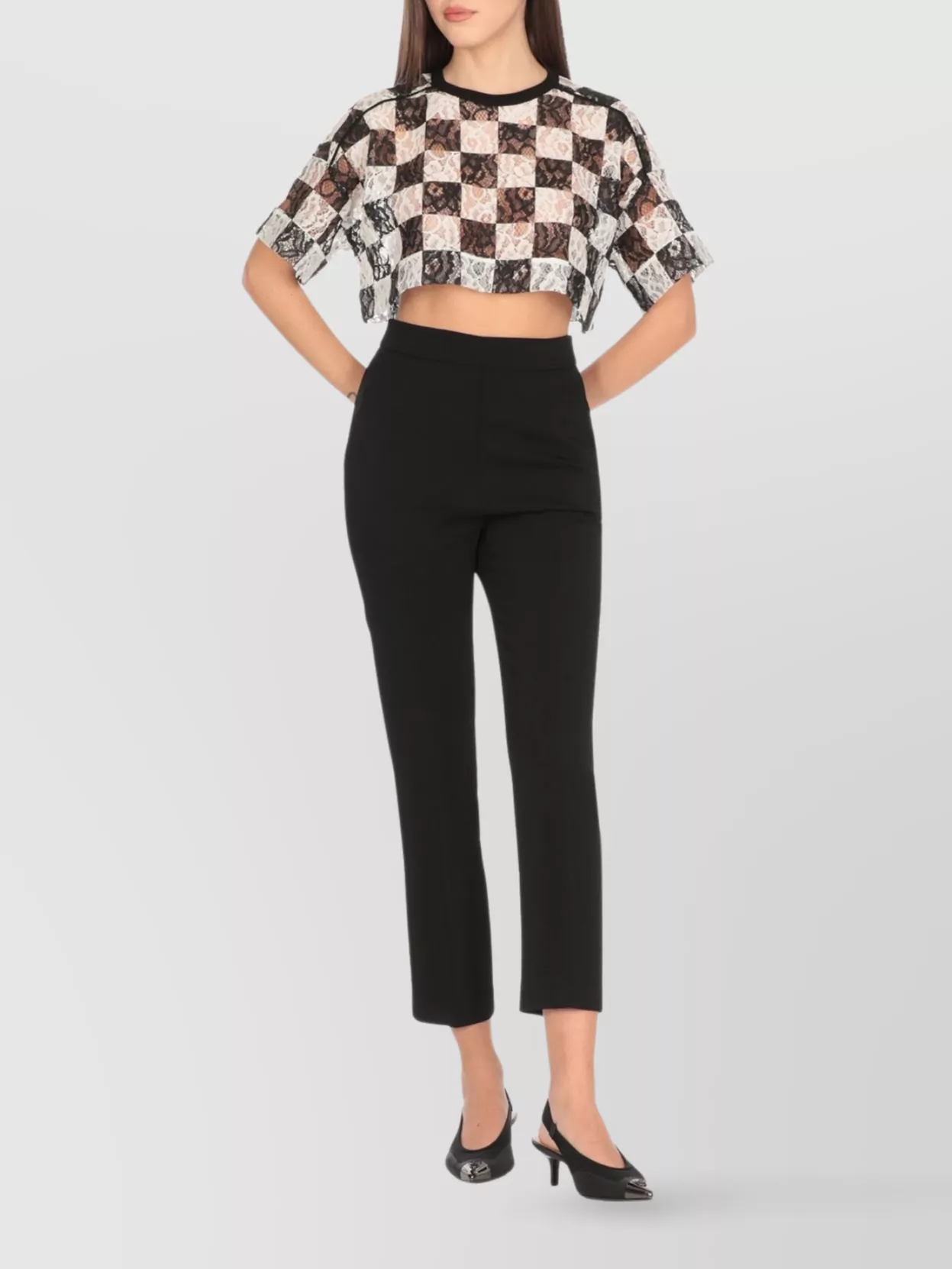 Pinko Sheer Lace Checkered Cropped Top