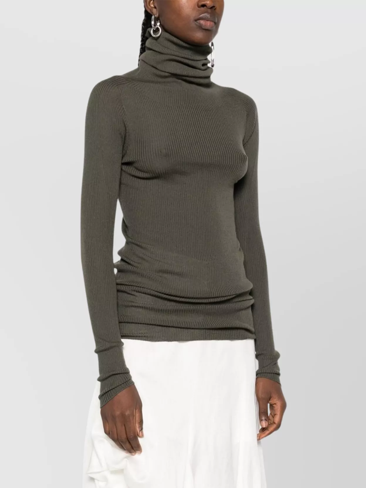 Rick Owens Ribbed Knit Turtleneck Sweater In Wool In Gray