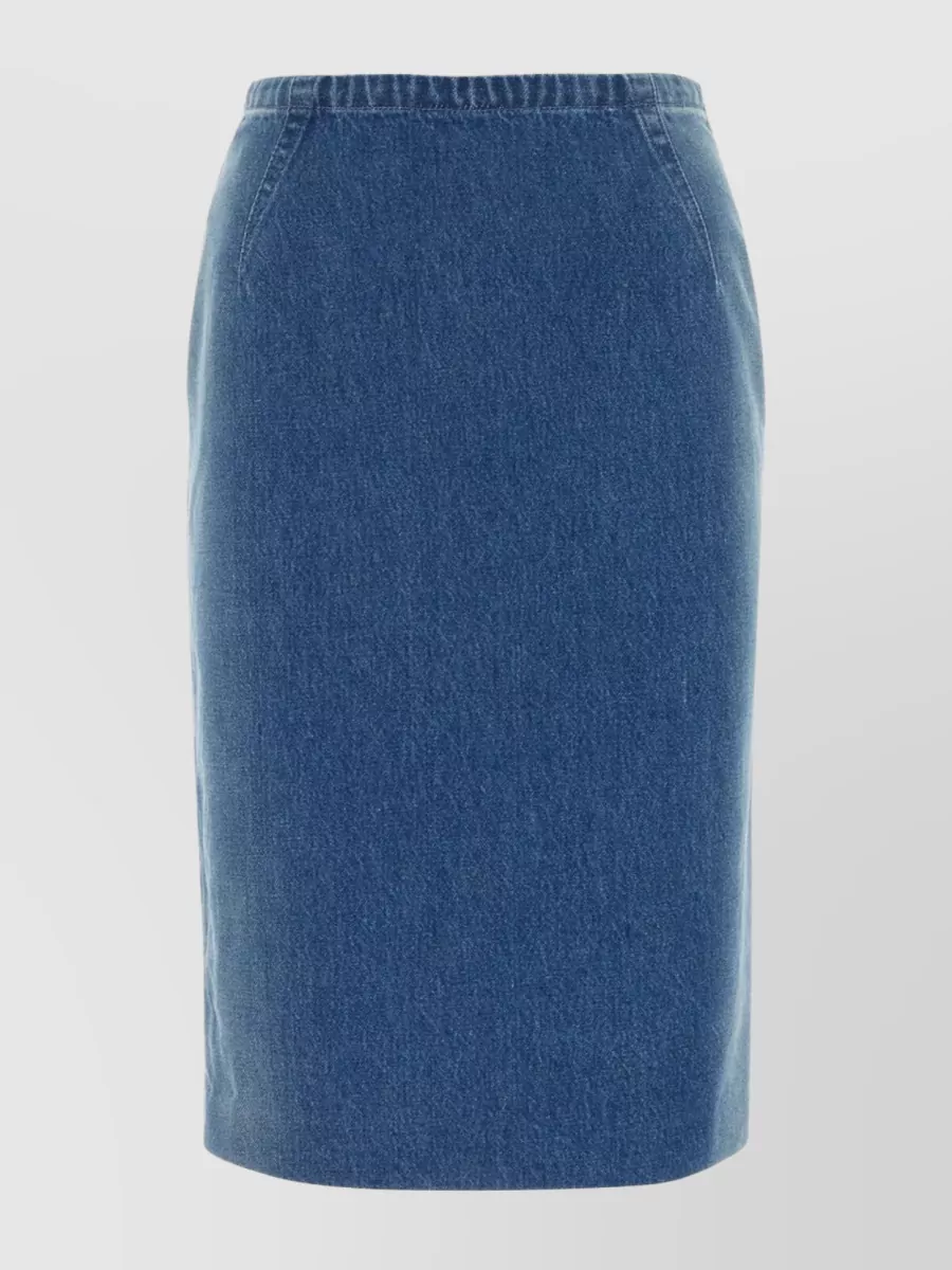 Shop Versace Back Slit Cotton Denim Skirt In Blue