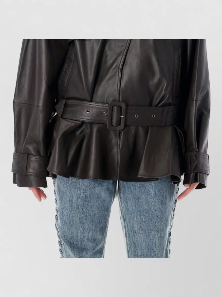 Rotate lamb leather belted peplum biker jacket