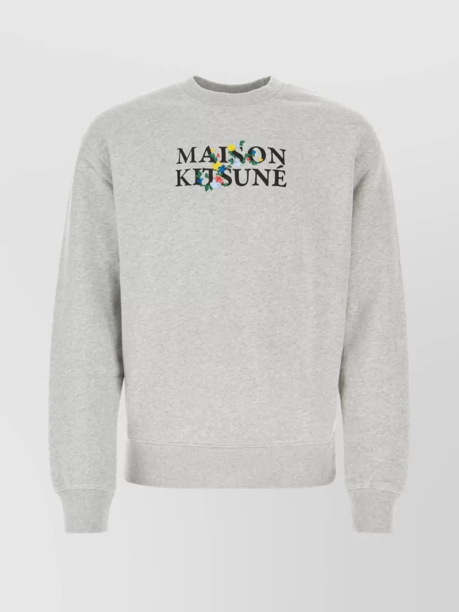 Shop Maison Kitsuné Floral Print Grey Cotton Sweatshirt