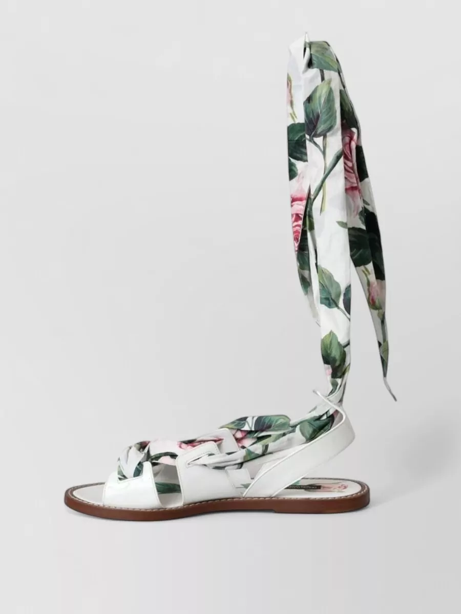 Dolce&Gabbana Leather Floral-Print Ankle-Wrap Sandals