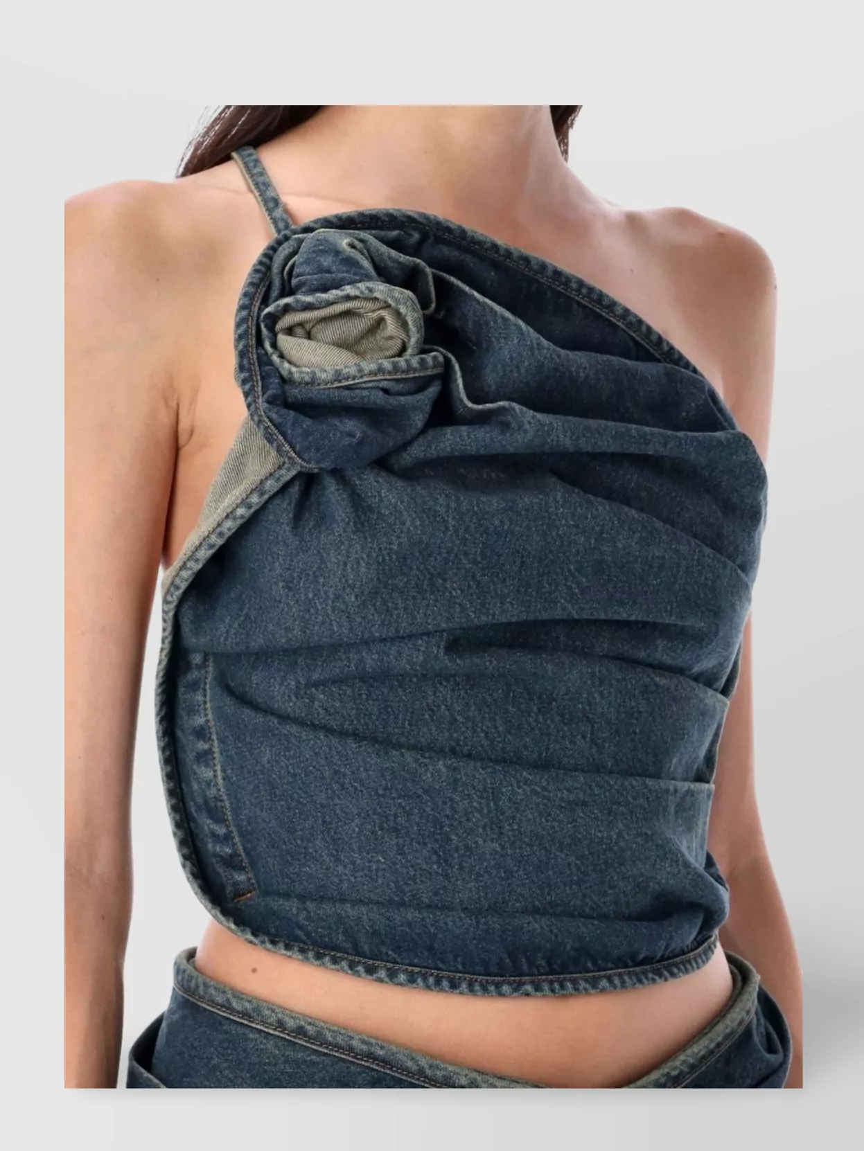 Magda Butrym Asymmetric Denim Floral One-Shoulder Ruched Top