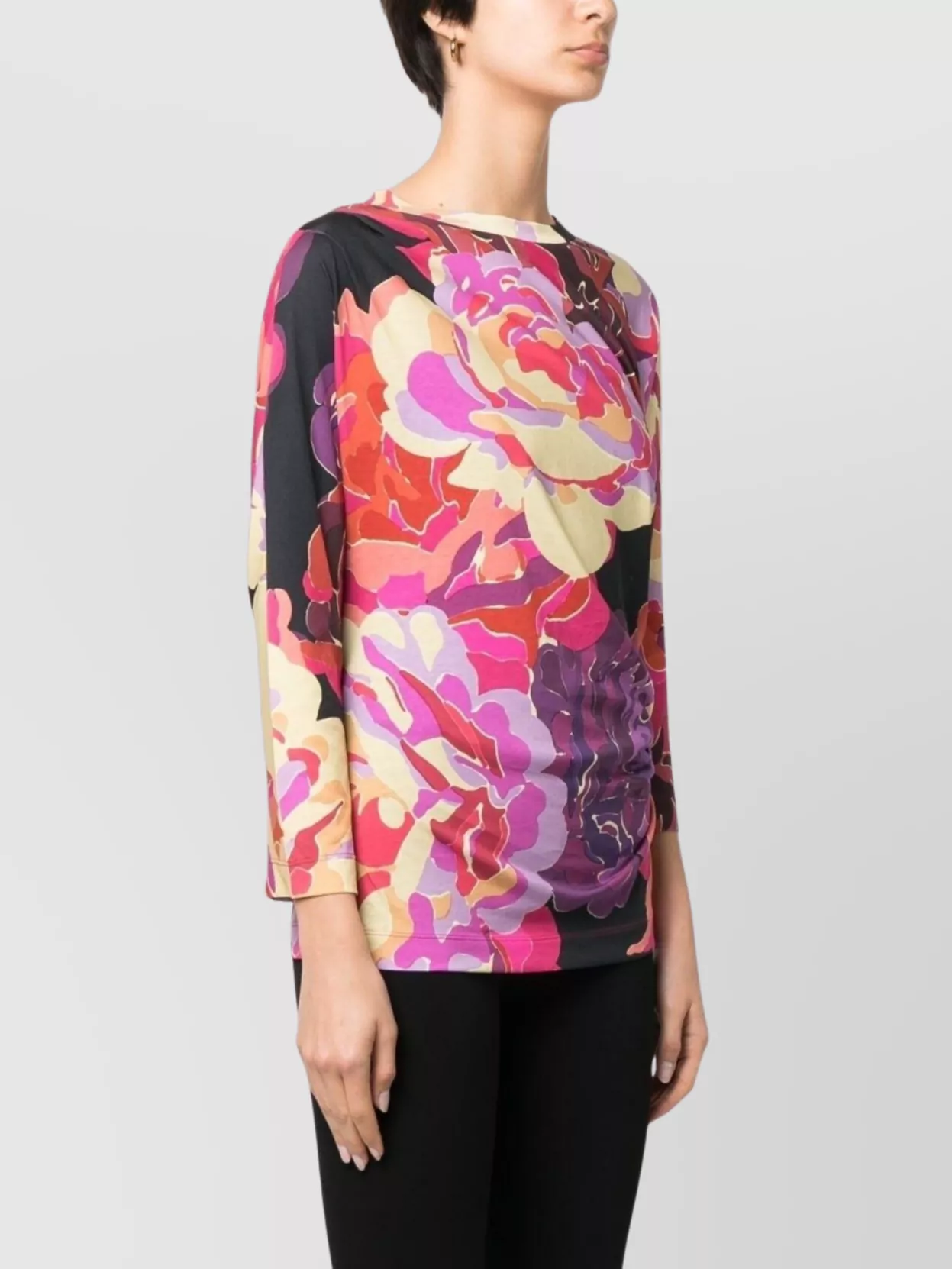 Dries Van Noten Floral Print Stretch Top With 3/4 Sleeves