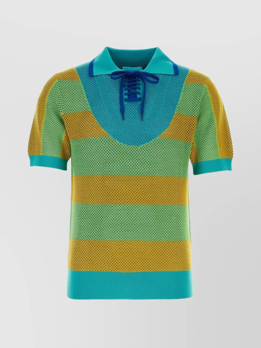 Shop Botter Ribbed Hem Knit Striped Polo In Green