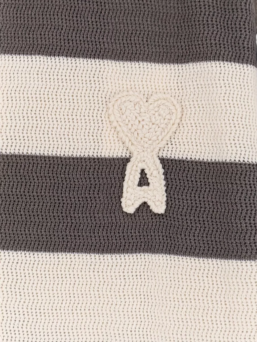 Ami Paris Cotton Openwork Striped Shirt Collar Cardigan