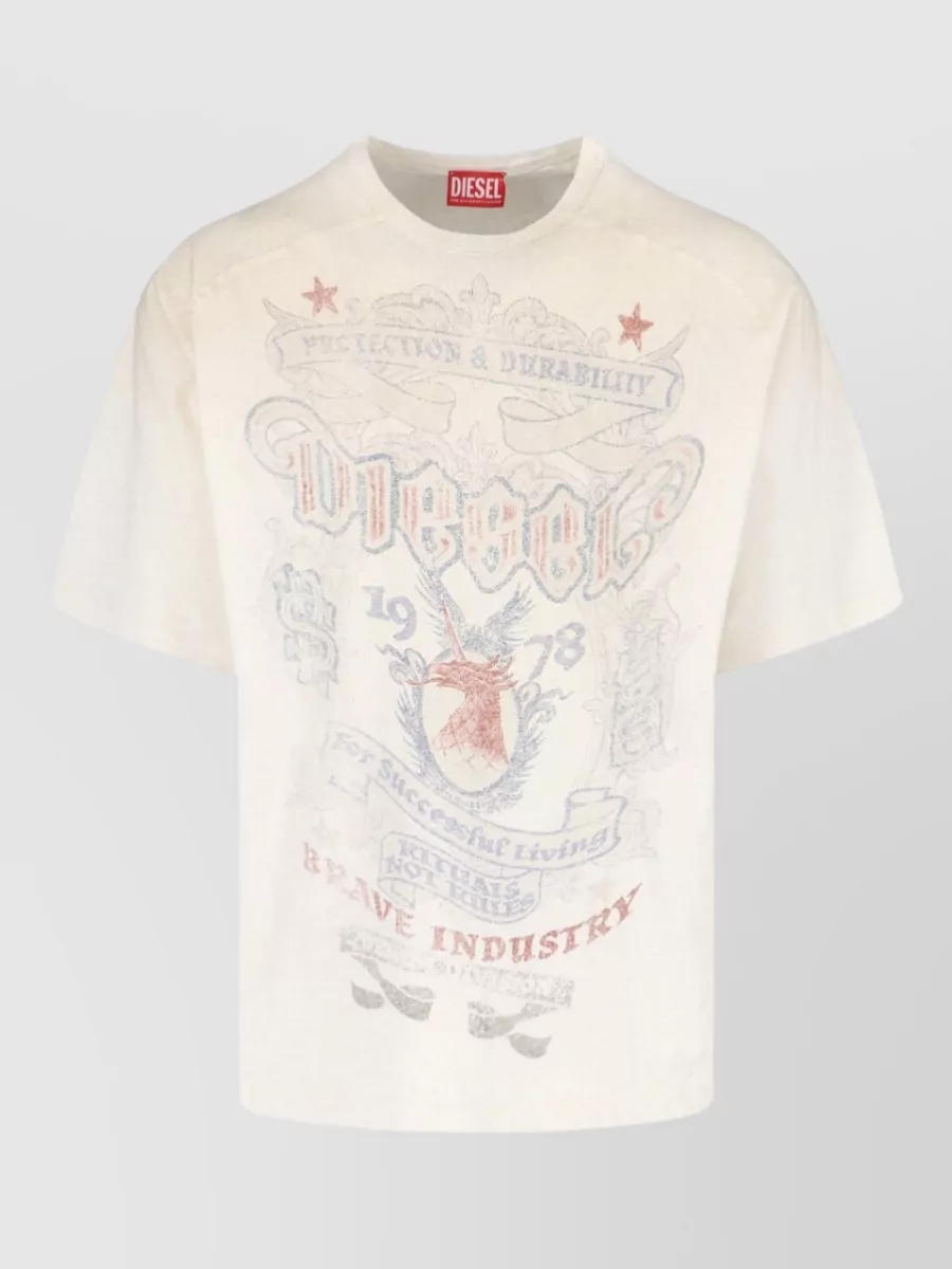 Diesel Cotton hemp short-sleeve t-shirt — The sun-bleached graphic tee in sand and mint syncs with the jeans’ sand fade and wide-leg volume, keeping the vibe very Y2K street without adding heavy contrast.