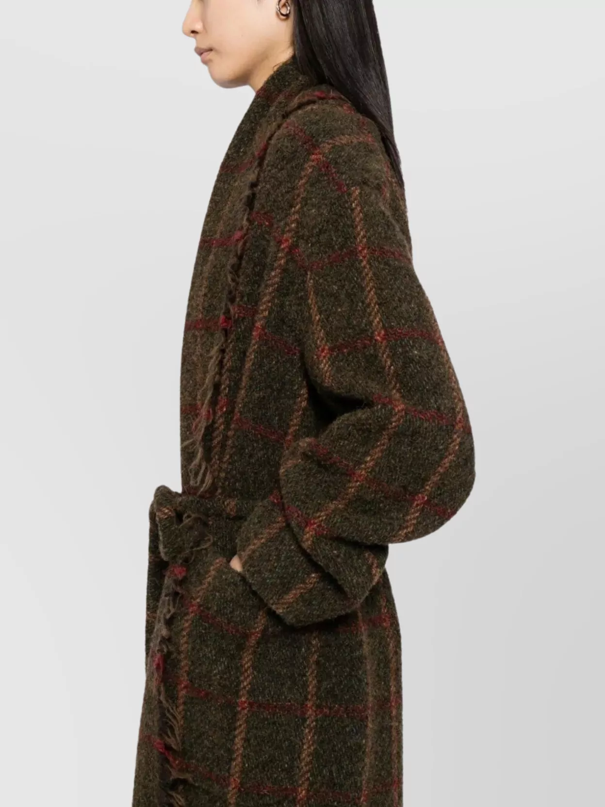 Uma Wang Waist Belted Checked Pattern Long Sleeves Coat In Brown