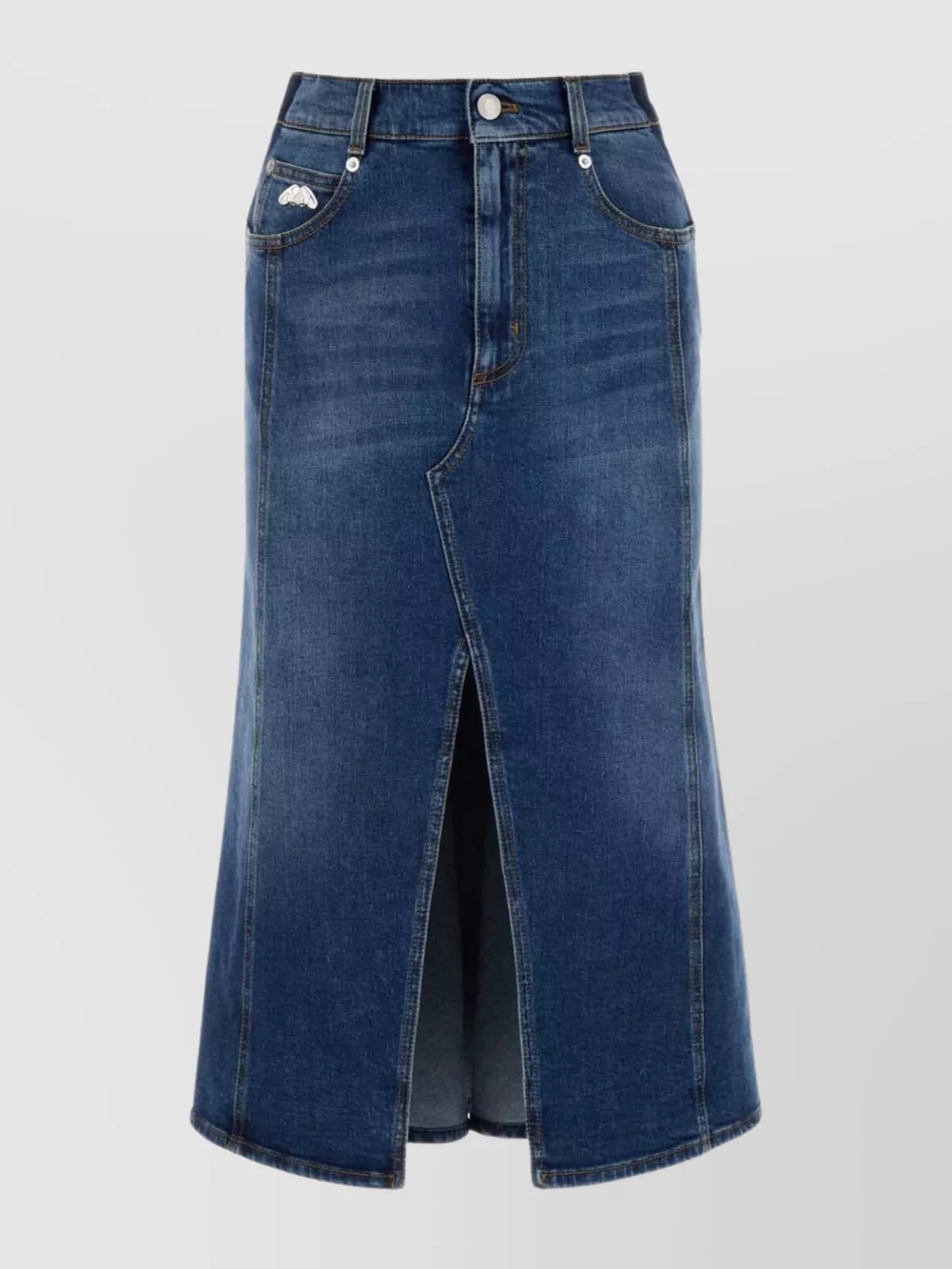 Shop Alexander Mcqueen Contrast Stitching Flared Denim Skirt In Blue