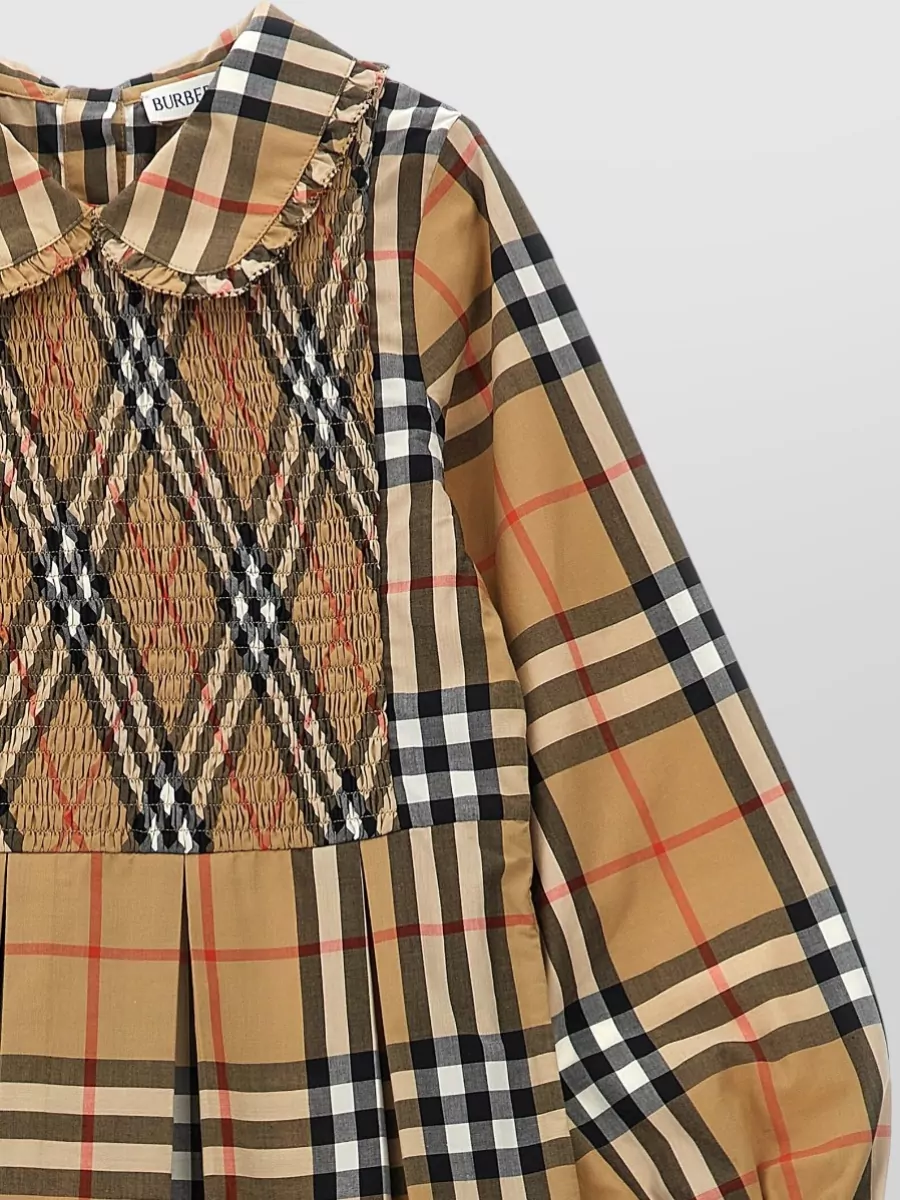 Burberry Cotton Poplin Ruffled Collar Smocked Pleated Long-Sleeve Knee-Length Dress