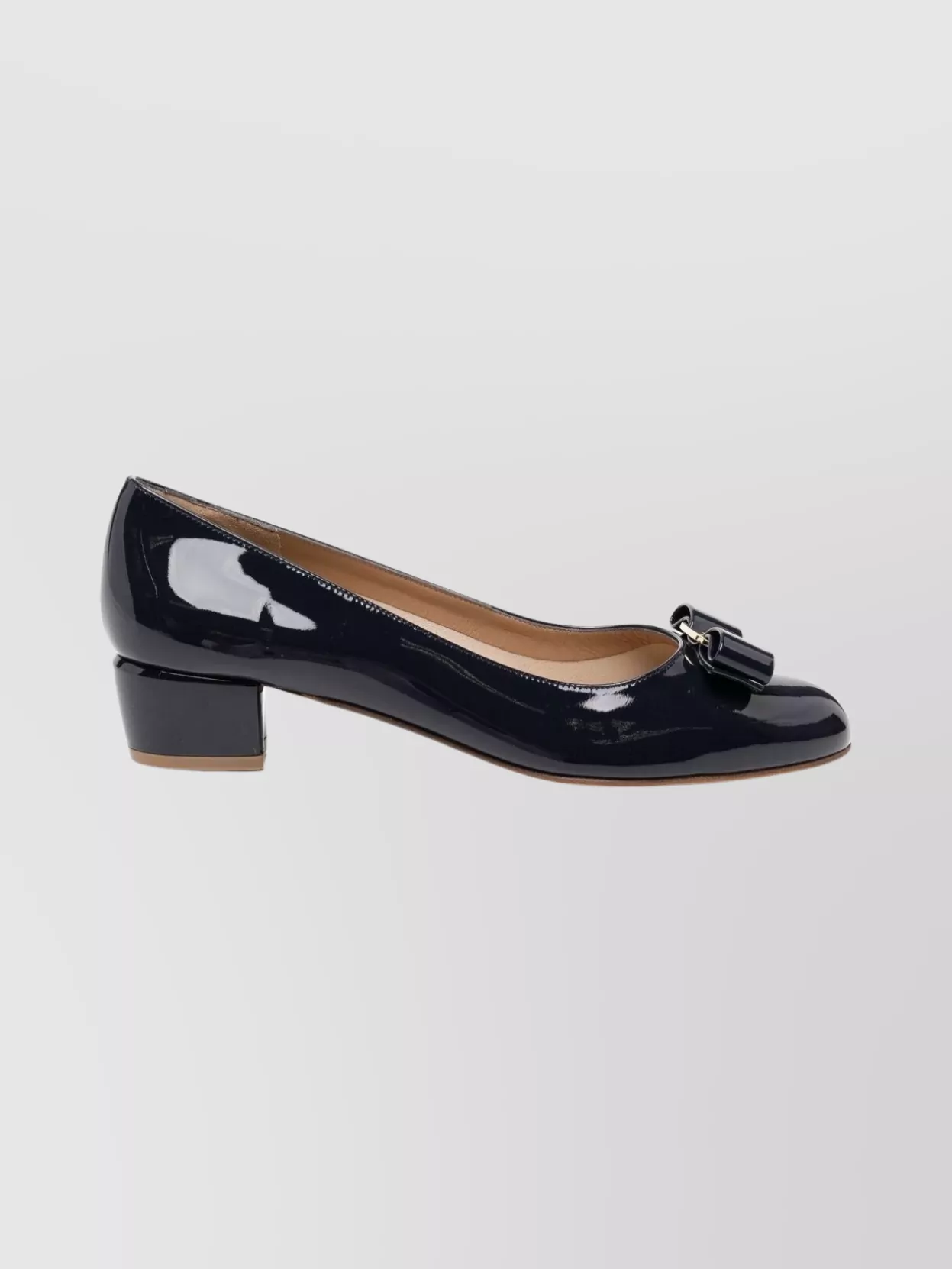 Ferragamo Round Toe Low Block Heel Patent Pumps