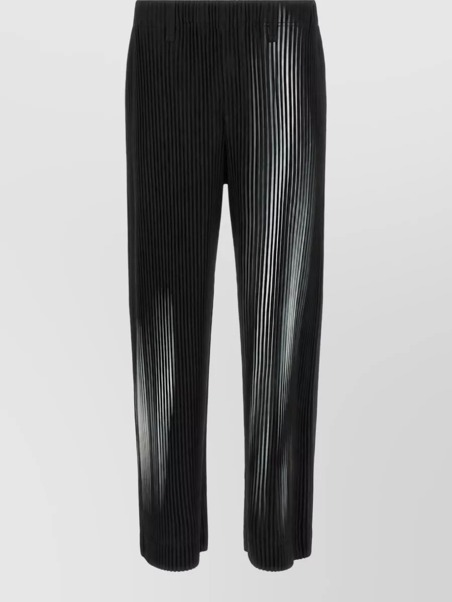 Homme Plisse Issey Miyake In the shadow straight-leg trousers — The high-rise straight pleated trouser in black mirrors the sculptural pleats and formality of the top while its ankle length keeps the gradient knit feeling sharp rather than too relaxed.