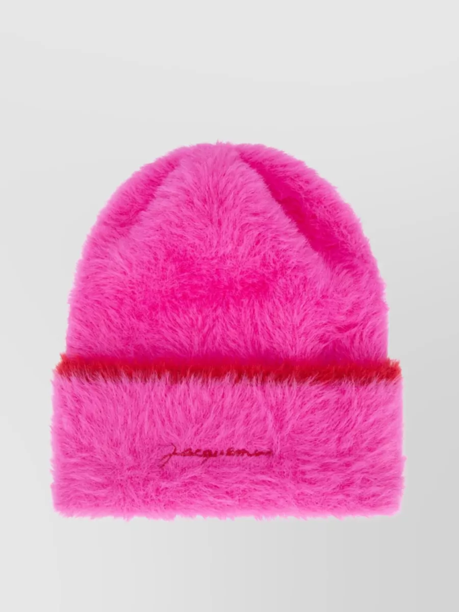 Shop Jacquemus Textured Faux Fur Hat With Ribbed Cuff In Pink