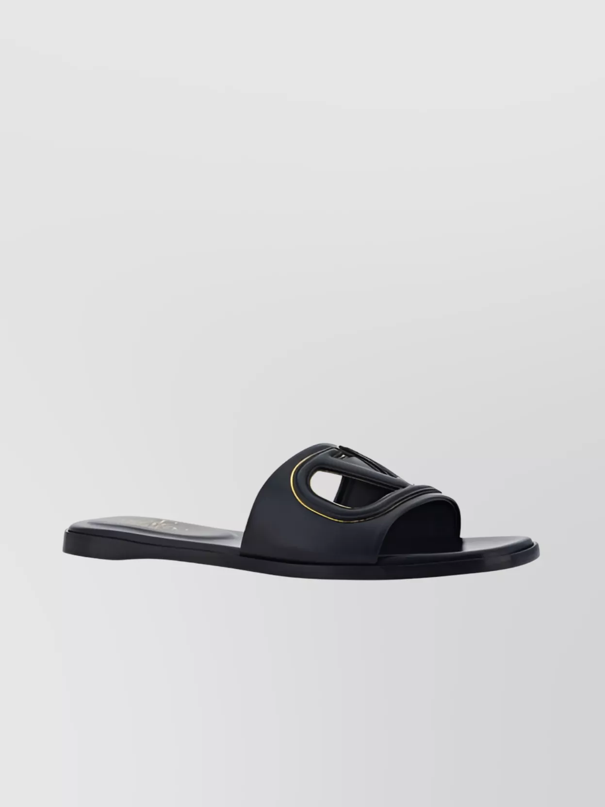 Valentino Garavani Black Vlogo Cut-out Calfskin Slide Sandals In Fv0 Nero/antique
