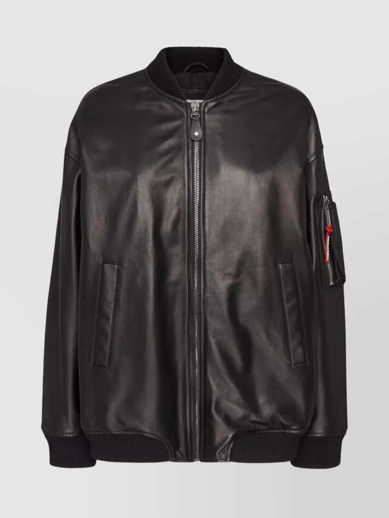 Dsquared2 Leather Bomber Jacket With Ribbed Finish