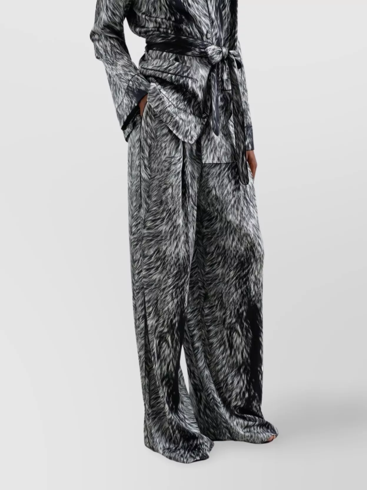 Dolce & Gabbana Silk Satin Pajama Pants With Fur Print In Black