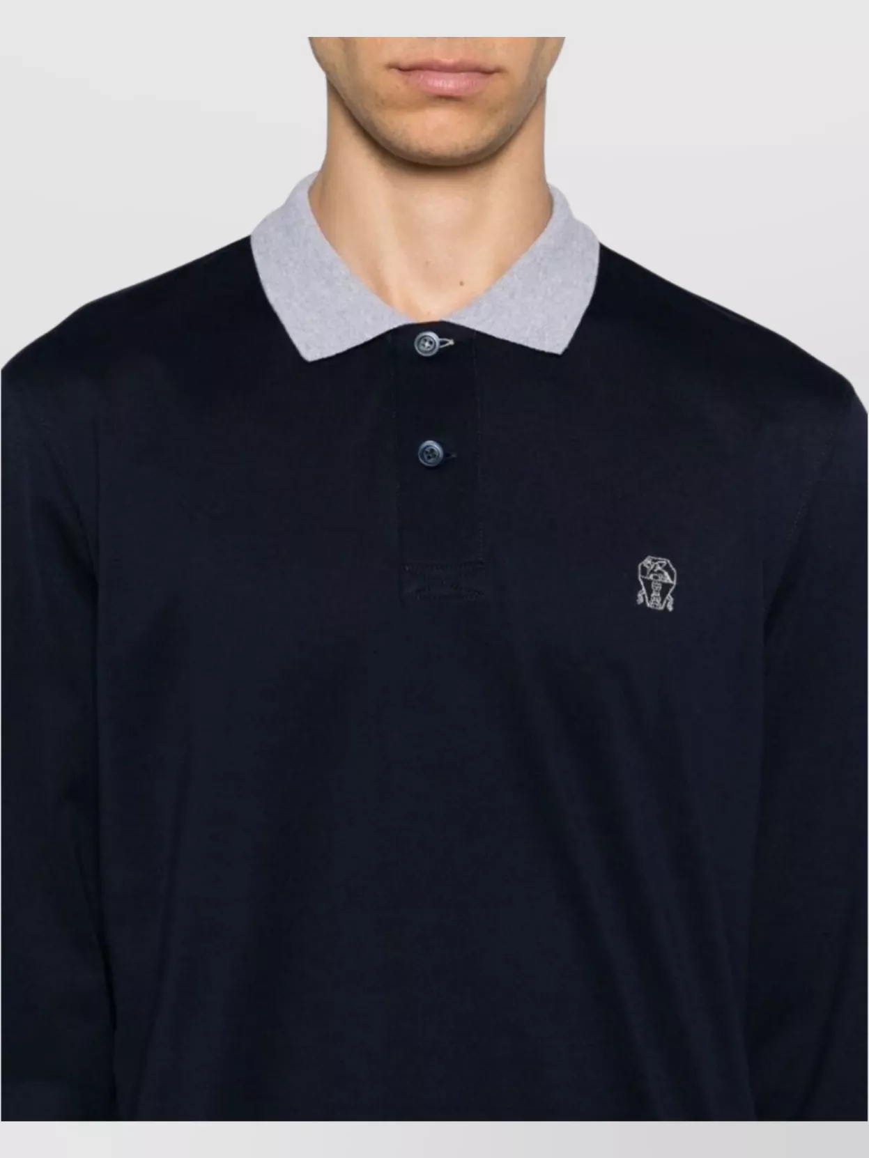 Brunello Cucinelli Long Sleeve Polo Shirt With Contrast Collar In Blue