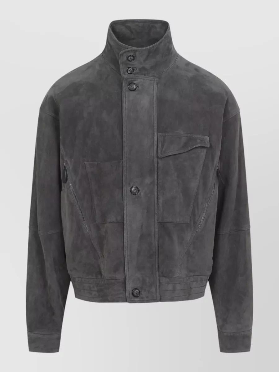 Giorgio Armani Suede Leather High-Neck Long-Sleeve Blouson Jacket