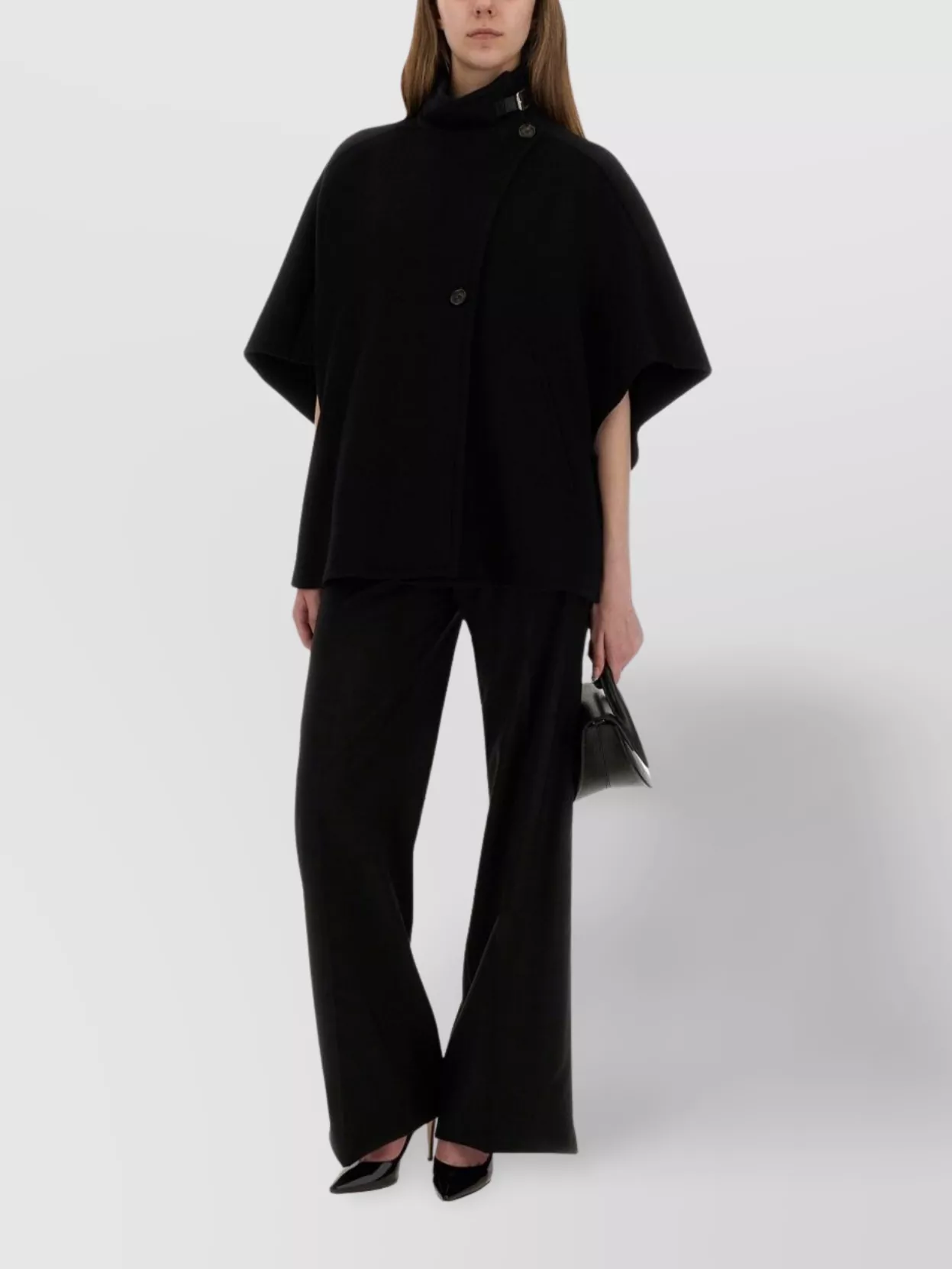 Max Mara Asymmetric Front Coat High Collar Short Sleeves In Black