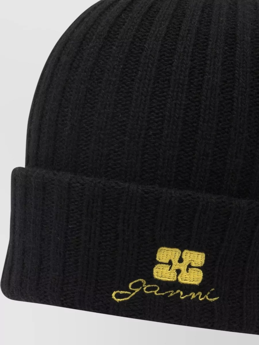 Ganni Wool Blend Beanie Hat Ribbed Cuff In Black