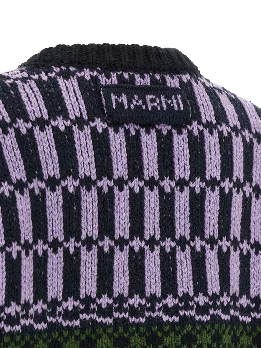 Marni Geometric Jacquard V-Neck Wool Sweater