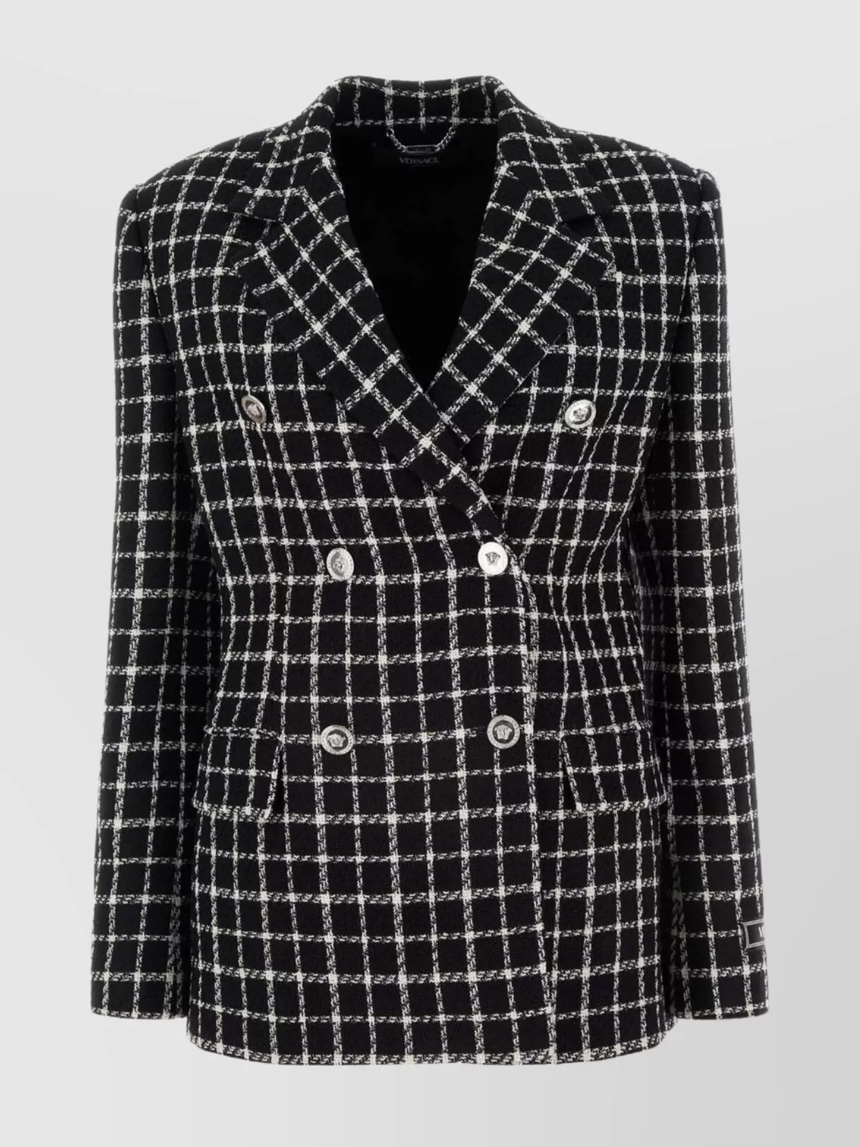 Shop Versace Tweed Blazer With Embroidered Checkered Pattern
