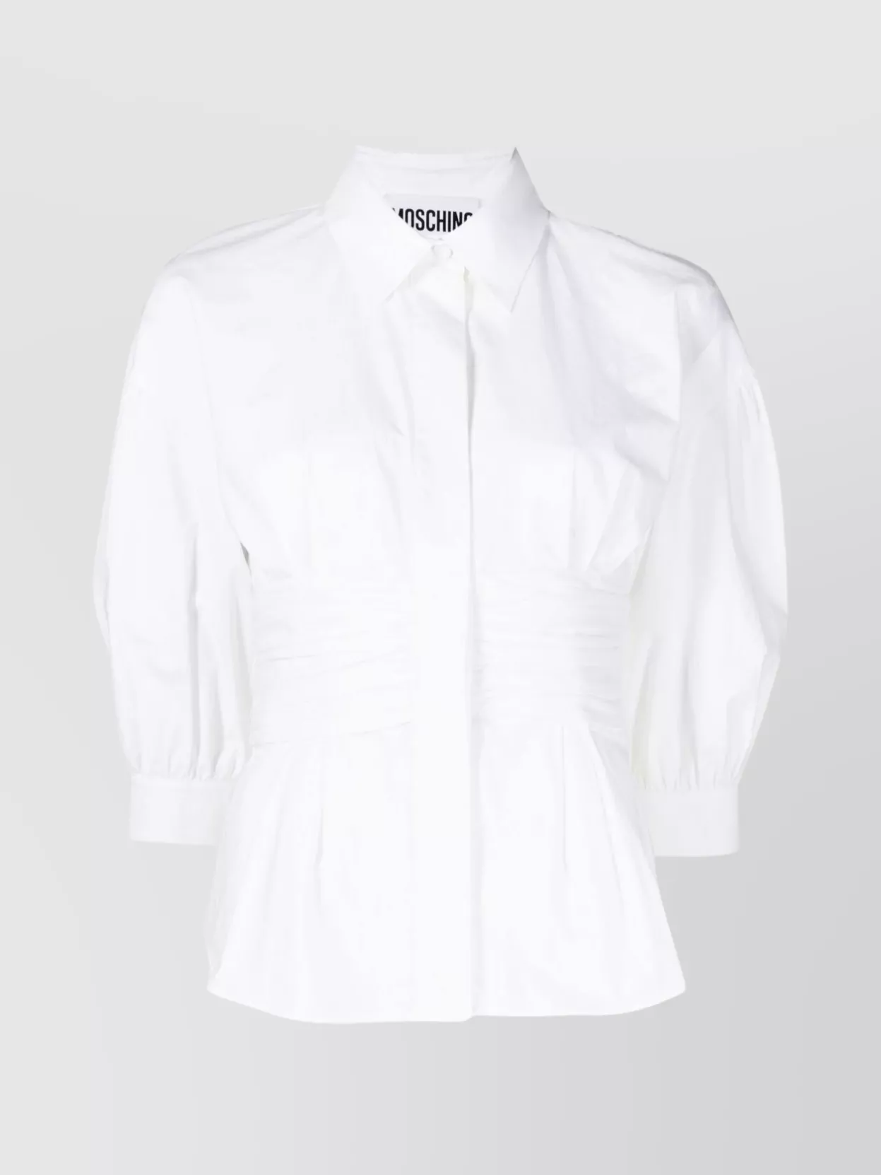 Shop Moschino Collared Waist Cinched Sleeved Top In White