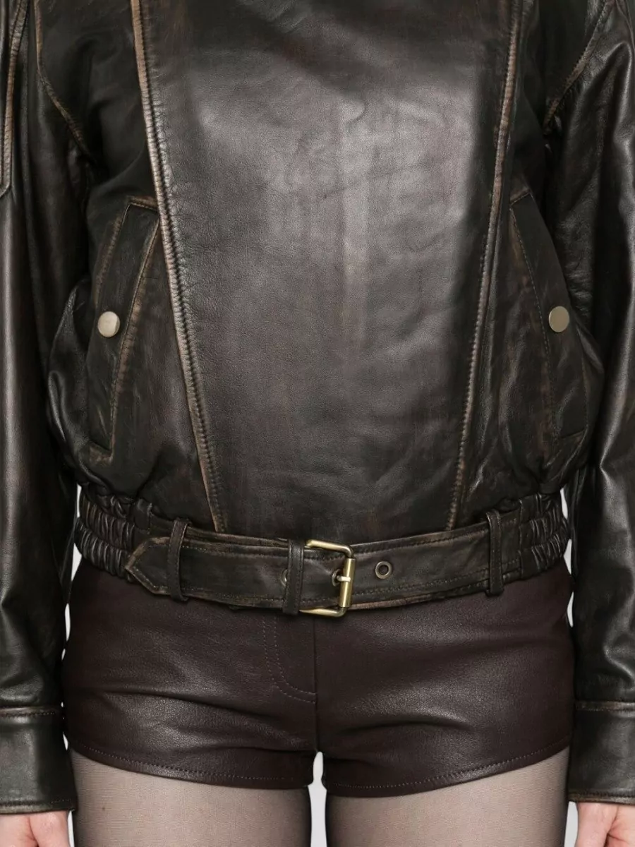 Blugirl Leather Jacket Belted Waist High Collar