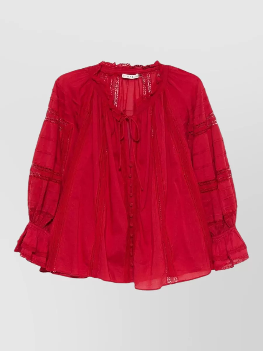 Alice + Olivia Cotton Lace Tie-Neck Blouse