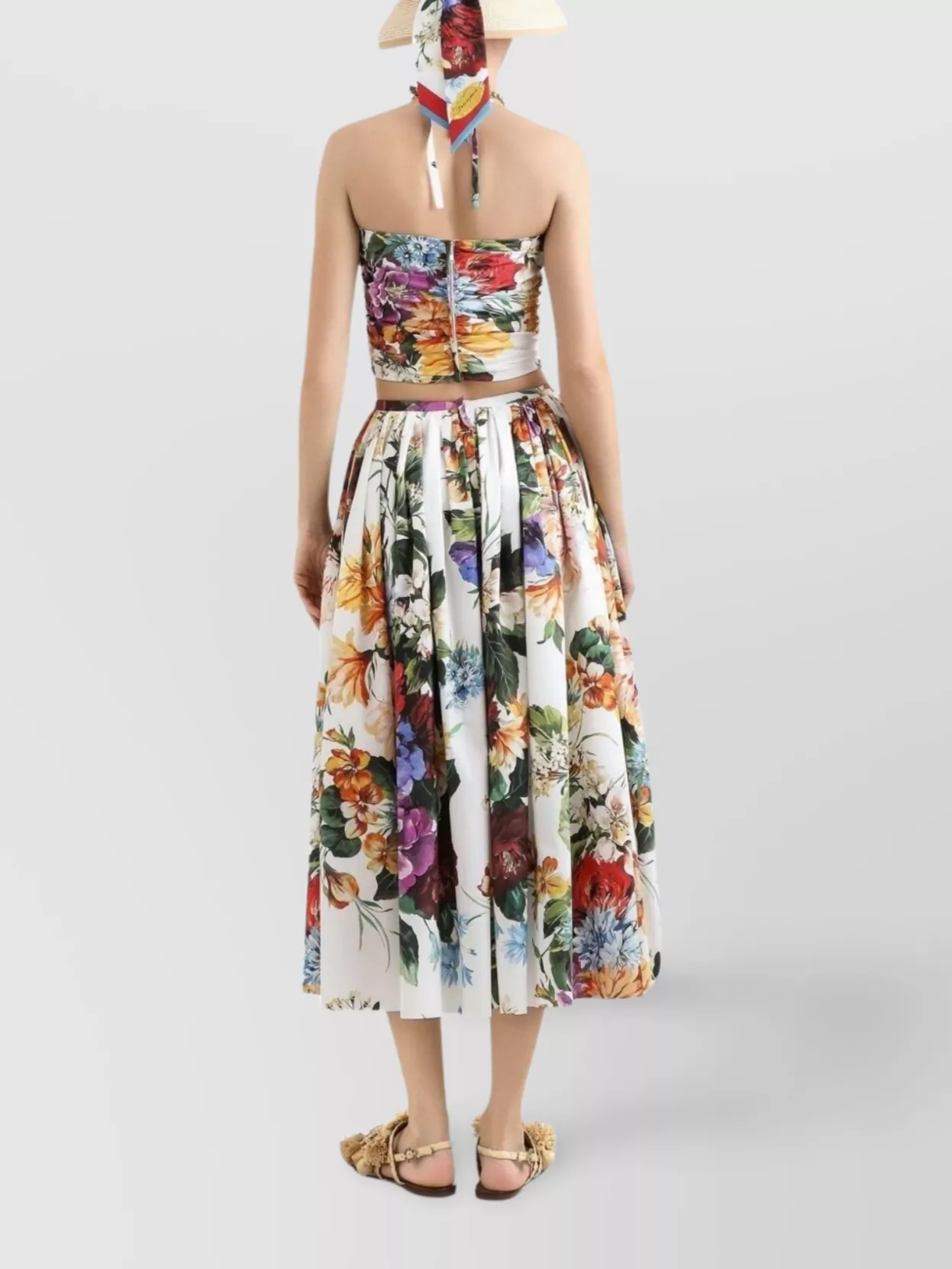 Dolce & Gabbana Floral Bouquet Knotted Popeline Crop Halter Top In Multi
