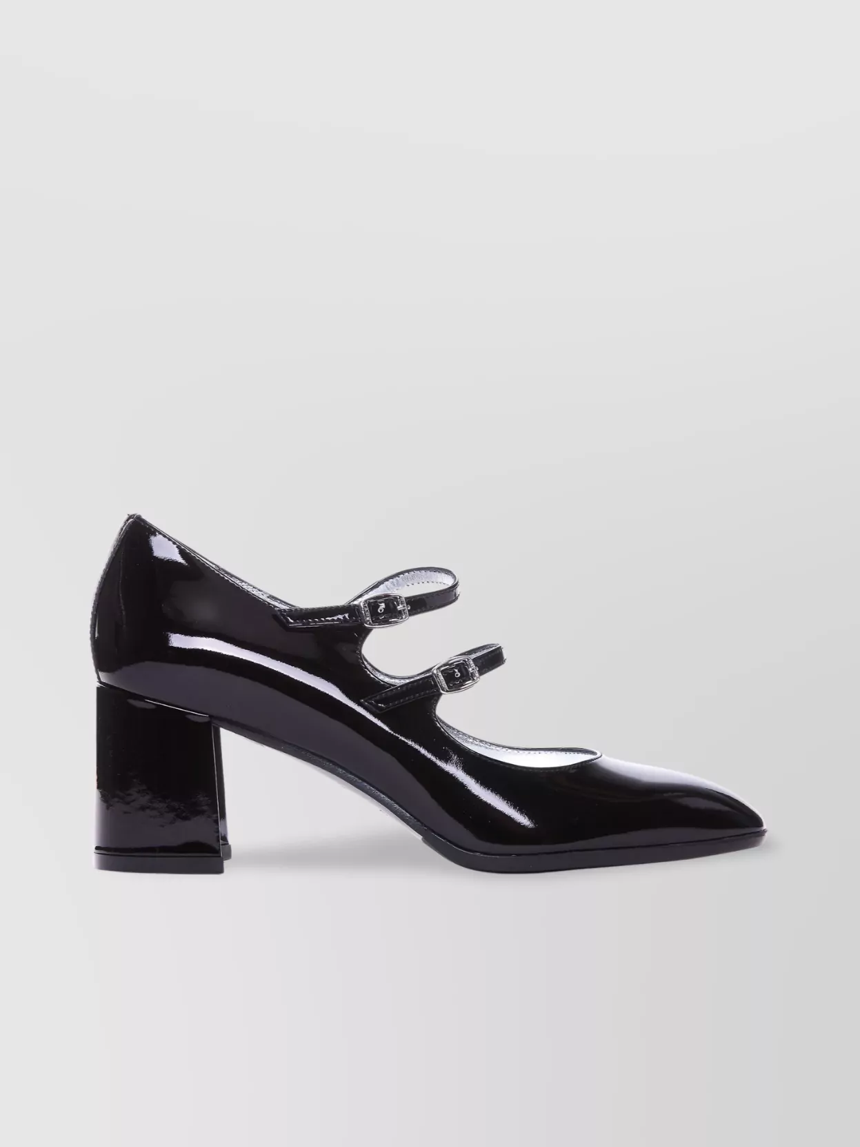 CAREL GLOSSY BLOCK HEEL DOUBLE BUCKLE PUMPS 