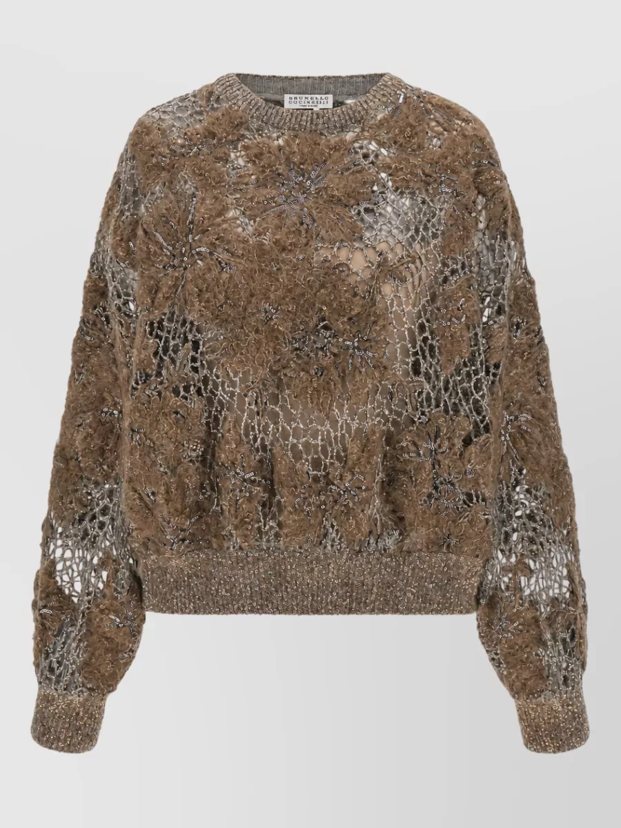 Brunello Cucinelli ribbed floral-embroidered open-mesh sweater